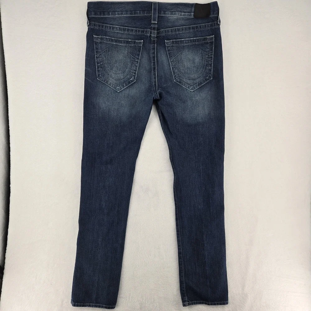 True Religion Jeans Mens 34 Blue Rocco Relaxed Skinny Distressed Denim USA